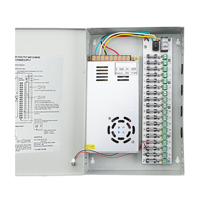 360W 15A 18CH DC24V Output Switch Mode CCTV Distribution Box Portable Power Supply For IR Camera Monitoring Equipment LED Tape Lights 360W 15A 18CH DC24V Output Switch Mode CCTV Distribution Box Portable Power Supply For IR Camera Monitoring Equipment LED Tape Lights